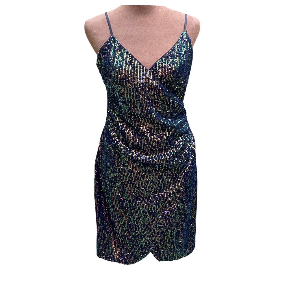 City Triangles Sequin Wrap Mini Dress Size 11 Iridescent Peacock Blue Green Y2K